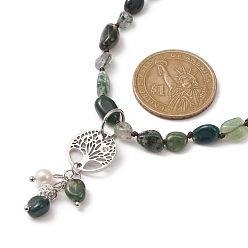 Moss Agate Natural Moss Agate & Pearl & Cubic Zirconia Tree of Life Pendant Necklace, 316 Surgical Stainless Steel Jewelry, 15.91 inch(40.4cm)
