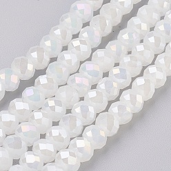 White Electroplate Glass Beads Strands, Imitation Jade Glass, AB color Plated, Faceted, Rondelle, White, 6x4~5mm, Hole: 0.8~1mm, about 88~92pcs/strand, 15.5 inch~16 inch(39~45cm)