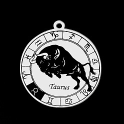 Taurus 201 Stainless Steel Pendants, Laser Engraved Pattern, Flat Round with Constellation, Taurus, 22.5x20x1mm, Hole: 1.6mm