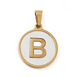 Letter B Vacuum Plating 304 Stainless Steel with White Shell Pendants, Golden, Flat Round with Letter Charm, Letter.B, 18x16x1.5mm, Hole: 3x6mm