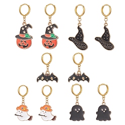 Mixed Color Halloween Theme Alloy Enamel Hoop Earrings for Women, Brass Dangle Earring, Pumpkin/Witch Hat/Bat/Ghost, Mixed Color, 33~55mm, Pin: 1mm