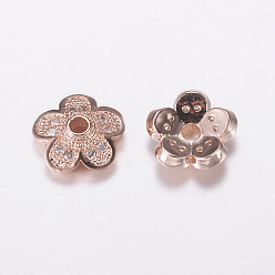 Or Rose Laiton micro pavé capuchon de perles de zircon cubique, sans cadmium et sans plomb, 5 pétales, or rose, 8.5x3mm, Trou: 1.5mm