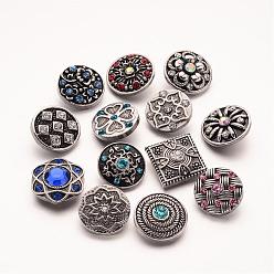 Mixed Color Flat Round with Mixed Style Zinc Alloy Jewelry Snap Buttons, with Rhinestone, Antique Silver, Mixed Color, 20~22x11mm, Knob: 5~5.5mm