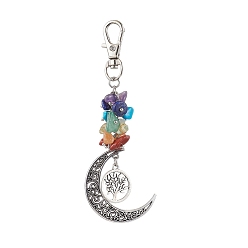 Tree of Life Natural & Synthetic Mixed Gemstone Chip Pendant Decorations, with Alloy Pendants and Swivel Clasps, Moon, Tree of Life, 113mm