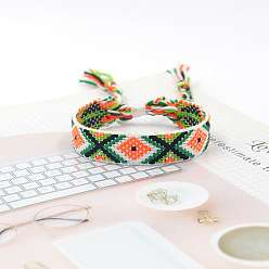 Vert Mer Moyen Bracelet cordon polyester tressé motif losange, bracelet brésilien réglable ethnique tribal pour femme, vert de mer moyen, 5-7/8 pouce (15 cm)
