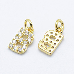 Real 18K Gold Plated Brass Micro Pave Grade AAA Cubic Zirconia Charms, Letter B, Cadmium Free & Nickel Free & Lead Free, Real 18K Gold Plated, 9x5x1.5mm, Hole: 2mm
