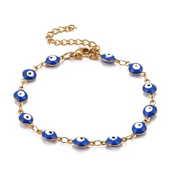 Blue Enamel Oval with Evil Eye Link Chains Bracelet, Vacuum Plating 304 Stainless Steel Jewelry for Women, Golden, Blue, 6-1/2 inch(16.5cm)