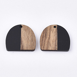 Negro Colgantes de semicírculo de resina y madera de nogal, semicírculo, negro, 24x25.5x3 mm, agujero: 1.8 mm