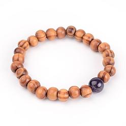 Améthyste Bois perles bracelets extensibles, avec des perles naturelles améthyste, 53mm