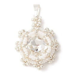 Blanc Pendentifs en strass et perles de rocaille en verre ks, avec des fils de nylon, charmes rondes plates, blanc, 9mm, Trou: 25~26x22x7.5mm