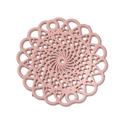 Pink 430 charmes de connecteur en acier inoxydable, embellissements en métal gravé, plat rond avec liens fleuris, rose, 18x0.5mm, Trou: 1.2mm