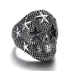 Stainless Steel Color Skull with Star Chunky Wide Band Ring, Gunmetal 316 Stainless Steel Halloween Jewelry for Men Women, Stainless Steel Color, US Size 9 1/4(19.1mm)