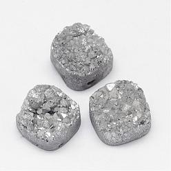 Silver Plated Electroplated Natural Druzy Quartz Crystal Beads, Square, Silver Plated, 14~15x14~15x8~9mm, Hole: 1.5mm