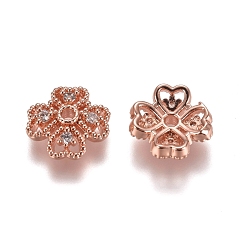 Rose Gold 4-Petal Brass Micro Pave Clear Cubic Zirconia Bead Caps, Clover, Rose Gold, 10x3.5mm, Hole: 1.4mm
