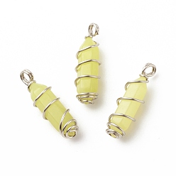 Lemon Jade Natural Lemon Jade Double Terminal Pointed Pendants, with Platinum Tone Copper Wire Wrapped, Bullet, 26~26.5x8mm, Hole: 2.5~2.8mm