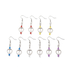 Mixed Color Heart with Acrylic Beaded Dangle Earrings, Platinum Plated Brass Jewelry for Women, Mixed Color, 50mm, Pin: 0.9mm