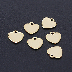 Oro 201 encantos de corte por láser de acero inoxidable, etiqueta estampado en blanco, corazón, dorado, 9.5x9.5x1 mm, agujero: 1.2 mm