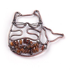 Œil De Tigre Oeil de tigre de grands pendentifs, avec les accessoires en laiton, animaux, cuivre rouge, 44x50x6mm