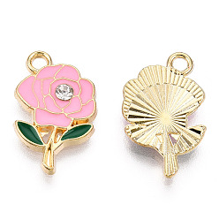 Pink Barrel Plating Alloy Pendants, with Enamel and Rhinestone, Cadmium Free & Nickel Free & Lead Free, Flower, Light Gold, Pink, 18.5x11.5x2.5mm, Hole: 1.6mm