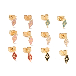 Mixed Color Enamel Rhombus with Star Stud Earrings with 316L Surgical Stainless Steel Pins, Gold Plated 304 Stainless Steel Jewelry for Women, Mixed Color, 8.5x4mm, Pin: 0.7mm