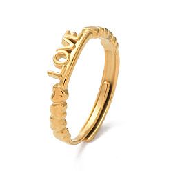 Oro Revestimiento de iones (ip) 304 corazón de acero inoxidable con anillos ajustables con la palabra amor, dorado, diámetro interior: 17.8 mm