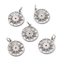 Stainless Steel Color 201 Stainless Steel Pendants, with Jump Ring, Flat Round with Sun, Stainless Steel Color, 17.5x15x1mm, Hole: 3mm, Jump Ring: 5x1mm
