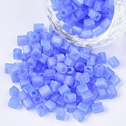 Royal Blue 6/0 Transparent Glass Seed Beads, Frosted AB Colours, Square Hole, Cube, Royal Blue, 6/0, 3~5x3~4x3~4mm, Hole: 1.2~1.4mm, about 4500pcs/bag