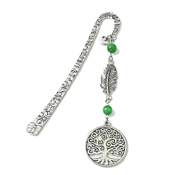 Green Tree of Life Feather Tibetan Style Alloy Pendant Bookmark with Cat Eye, Tibetan Style Hook Bookmarks, Green, 123x20mm