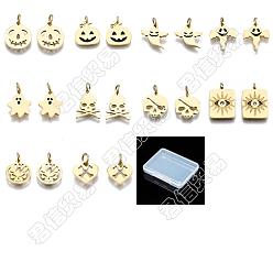 Real 14K Gold Plated Unicraftale 10Pcs 10 Style 304 & 316 Surgical Stainless Steel  Pendants, with Jump Rings and Rhinestone, Halloween Theme, Mixed Shape, Real 14K Gold Plated, 8~11x2~12x1mm, Jump Ring: 2.7~3.8x0.4~0.6mm, Inner Diameter: 1.9~2.6mm, 1pc/style