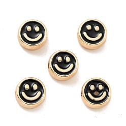 Black Alloy Enamel Beads, Golden, Flat Round with Smiling Face, Black, 8x4mm, Hole: 1.6mm