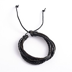 Черный Регулируемые кожаные многожильных браслеты, с вощеной шнур, чёрные, 57 мм