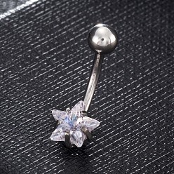 Clear Piercing Jewelry, Brass Cubic Zirciona Navel Ring, Belly Rings, with 304 Stainless Steel Bar, Lead Free & Cadmium Free, Star, Clear, 20mm, Star: 8mm, Bar: 15 Gauge(1.5mm), Bar Length: 3/8"(10mm)