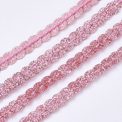 Rose Chaud Accessoires en plastique ornement paillette brins de perles, avec de la poudre de paillettes, paillettes garniture, plat rond, rose chaud, 6x0.3mm, trou: 1.2 mm, environ 100 verges / rouleau
