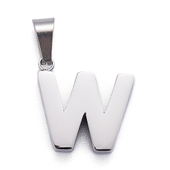 Letter W 304 Stainless Steel Letter Pendants, Manual Polishing, Alphabet, Stainless Steel Color, Letter.W, 17x17x4mm, Hole: 6.5x3.5mm