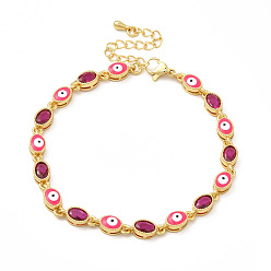 Cerise Enamel Evil Eye & Glass Oval Link Chain Bracelet, Golden Brass Jewelry for Women, Cerise, 7-1/4 inch(18.3cm)