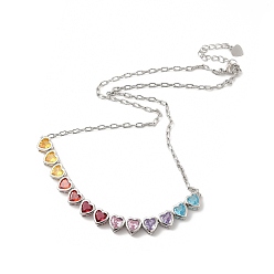 Platinum Colorful Cubic Zirconia Heart Pendant Necklace, Rack Plating Brass Jewelry for Women, Cadmium Free & Lead Free, Platinum, 17.32 inch(44cm)