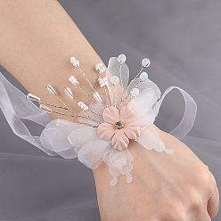 Papillon Corsage de poignet en tissu de soie, avec des perles de perles en plastique, pour la mariée ou la demoiselle d'honneur, mariage, décorations de fête, blanc, le modèle de papillon, 130mm