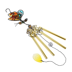 Light Khaki Butterfly Wind Chime, Glass & Iron Art Pendant Decoration, with Tube, Light Khaki, 700x100mm