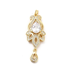 Real 18K Gold Plated Brass Micro Pave Clear Cubic Zirconia Pendants, with Glass, Flower, Real 18K Gold Plated, 44x17x7mm, Hole: 5x2.5mm