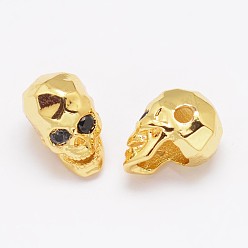 Настоящее золото 18K Экологически чистые латунные бусины с микропаве и кубическим цирконием, череп, без свинца, без никеля и без кадмия, реальный 18 k позолоченный, 13x8x9.5 мм, отверстие : 2 мм