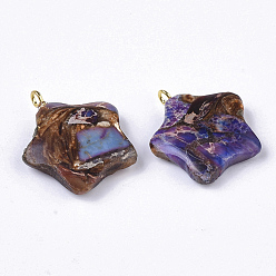 Slate Blue Assembled Synthetic Imperial Jasper and Bronzite Pendants, with Golden Tone Iron Loop, Dyed, Star, Slate Blue, 23~24x21x5mm, Hole: 2mm