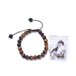 Tiger Eye Adjustable Nylon Cord Braided Bracelets, with Natural Tiger Eye Beads and Alloy Buddha Head Beads, Hollow Rubber Cord, Packing Box, 2 inch~3-1/8 inch(5~8cm)
