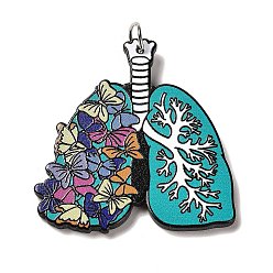 Medium Turquoise Perfect Printed Acrylic Pendants, with Iron Jump Ring, Lung Charms, Butterfly, Medium Turquoise, 40x38x2.5mm, Hole: 5mm