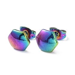 Rainbow Color Chapado en iones (ip) 304 aretes hexagonales de acero inoxidable para mujer, color del arco iris, 8x9 mm, pin: 0.8 mm