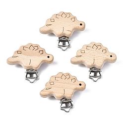 BurlyWood Beech Wood Baby Pacifier Holder Clips, with Iron Clips, Dinosaur, Platinum, BurlyWood, 46.5x56.5x19mm, Hole: 3.5x6mm