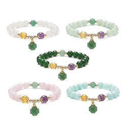 Mixed Stone Gemstone Round Beaded Stretch Bracelet with Glass Clover Charms for Women, Inner Diameter: 2 inch(5.2cm)