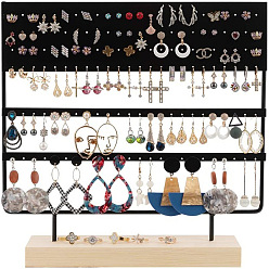 Black Triple Levels Rectangle Iron Earring Display Stand, Jewelry Display Rack, with Wood Findings Foundation, Black, 7x30x29cm