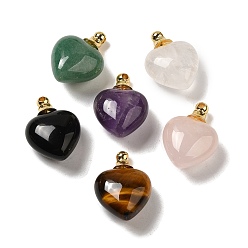 Mixed Stone Natural Mixed Gemstone Perfume Bottle Pendants, Heart Charms with Golden Plated 304 Stainless Steel Findings, 28x20x12mm, Hole: 2mm
