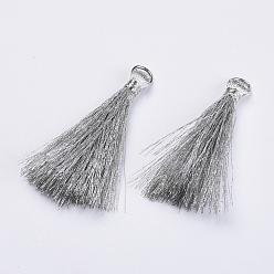 Silver Polyester Tassel Pendant Decorations, with Platinum Iron Jump Rings, Silver, 48~53x6~9mm, Hole: 5x2.5mm