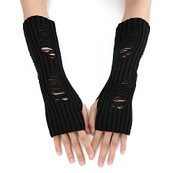 Black Acrylic Fiber Yarn Knitting Fingerless Gloves, Winter Warm Gloves with Thumb Hole, Black, 200x70mm